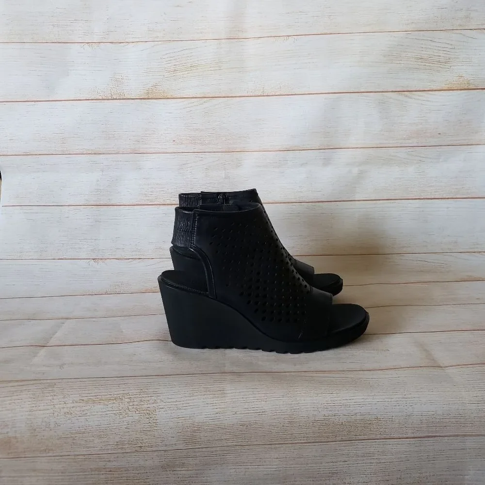 ECCO Freja Wedge Leather Sandal Bootie Ankle Boot Open Toe Laser Cut Black